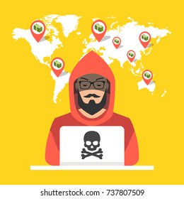 Hacker sitting at the desktop and hacking secret data on the laptop. World map and points on background. Vector illustration.