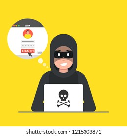 Hacker Sitting At The Desktop And Hacking User Login. Vector Illustration.