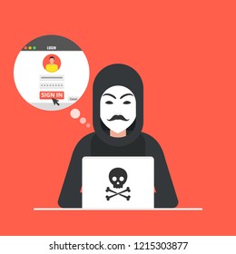 Hacker sitting at the desktop and hacking user login. Vector illustration.