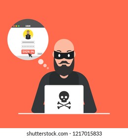 Hacker sitting at the desktop and hacking user login. Vector illustration.