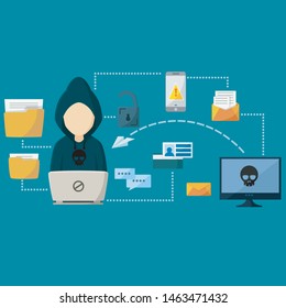 Hacker sitting at table and hacking data through Internet on laptop