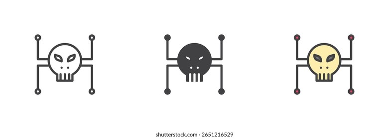 Crânio de hacker com ícone de linhas de circuito definido em linha, contorno preenchido e estilo sólido. Símbolo de vetor de crime cibernético. Ícone perigoso de sinal de logotipo de hacker em três estilos.