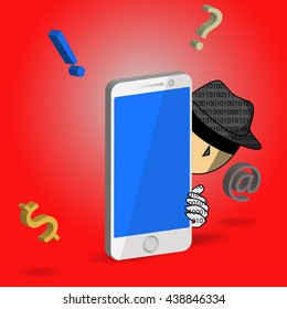 Hacker and smart phone, social or data crime.