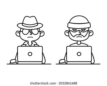 Hacker and spy agent work on a laptop. Line icon of a hacker. Cybercriminal concept illustration