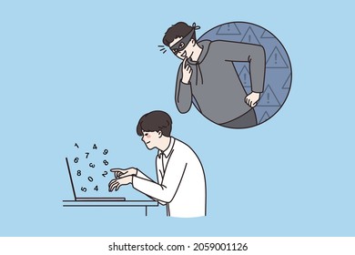 Hacker Spy On Business Employee Working On Laptop In Office Online. Thief Get Personal Private Information Or Data From Computer Worker. Cyber Crime, Hack, Fraud Concept. Flat Vector Illustration. 