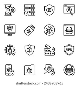 Hacker and spyware line icons set. privacy, secure, cyberspace, email, firewall, attack, cyber, identity, crime, virus, account, criminal, document, network, security