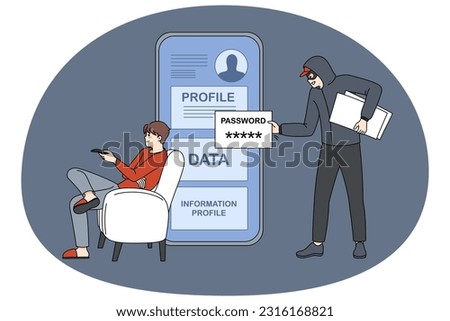 Hacker steal confidential information from person personal account. Digital money theft attack male client application, get username and password. Phishing and bank fraud. Vector illustration.