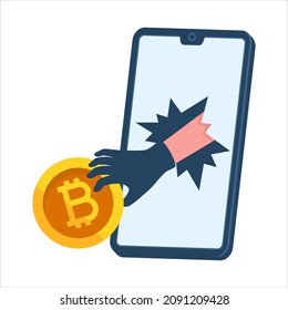 Hacker steal cryptocurrency coin use smartphone vector illustration