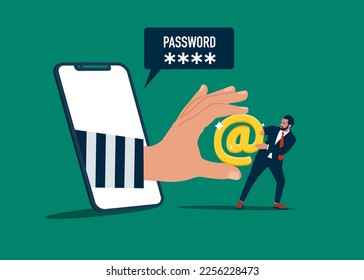 Hacker stehlen Symbol E-Mail verwenden Smartphone. Cybersicherheit und Phishing-Konzept. Moderne Vektorgrafik im Flachstil