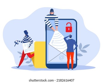 Hacker steal information from person personal account. Phishing and bank fraud.cyber security alert on smartphone. Flat illustration Vector illustration.