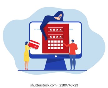 Hacker steal password; Digital money theft attack male client applications; get usernames and password. Phishing and bank fraud. Vector illustration.