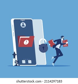 Hacker steal personal data and running away from mobile phone, mobile hacker and cyber security concept