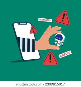 Hacker steal robot with Artificial intelligence technology use smartphone. Modern vector illustration in flat style