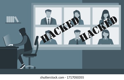 Hacker Steal Video Conference User Account Data ID Information And Sell It In Dark Web. Online Virtual Meetings Security Crack Risk Illustration. Enterprise Webinars Teleconference Hijacking Concept.