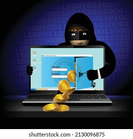 Hacker stealing bitcoins. Abstract image.  Vector 