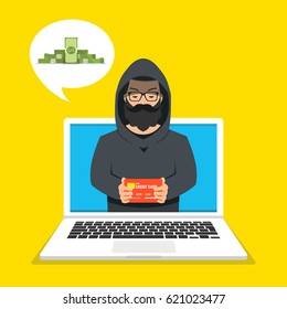 Hacker stealing credit card data and money. Email viruses, bank account hacking and fraud concept. Flat vector illustration.