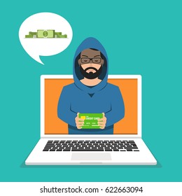 Hacker stealing credit card data and money. Email viruses, bank account hacking and fraud concept. Flat vector illustration.