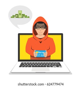 Hacker stealing credit card data and money. Email viruses, bank account hacking and fraud concept. Flat vector illustration.