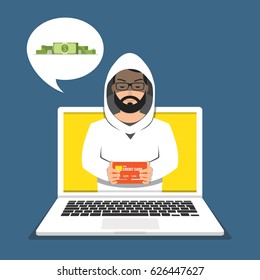 Hacker stealing credit card data and money. Email viruses, bank account hacking and fraud concept. Flat vector illustration.