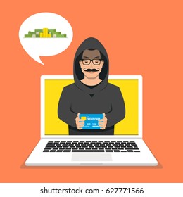 Hacker stealing credit card data and money. Email viruses, bank account hacking and fraud concept. Flat vector illustration.