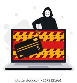 Hacker roubando cartão de crédito com gancho e alerta de bug de aviso na tela do laptop. Simbolizando fraude de pagamento, roubo de banco on-line e violação de dados financeiros.