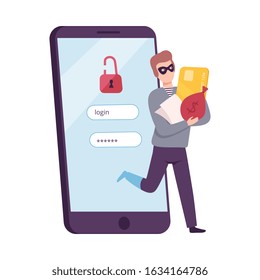 Hacker Stealing Credit Card from Smartphone, Masked Thief Hacked Login and Password, Cyber Internet Security, Internet Phishing Attack Vector Illustration