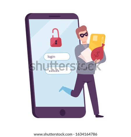 Hacker Stealing Credit Card from Smartphone, Masked Thief Hacked Login and Password, Cyber Internet Security, Internet Phishing Attack Vector Illustration