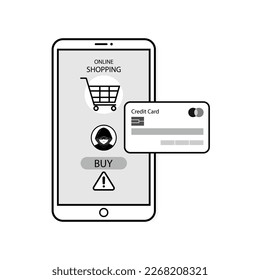 Hacker stealing credit card while hacking shopping online application on smartphone.