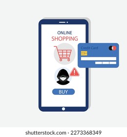 Hacker stealing credit card while hacking shopping online application on smartphone.