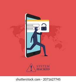 Hacker stealing data concept from phone. Warning of a system hacked. cyber crime vector illustration