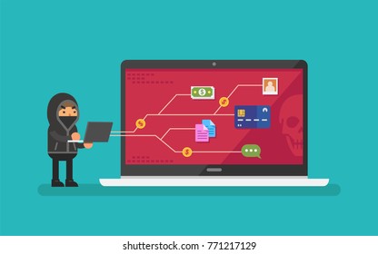 Hacker stealing data and system on a laptop. Vector illustration