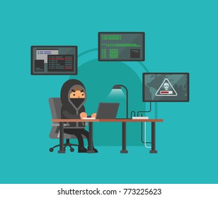 Hacker stealing data and system. Vector illustration