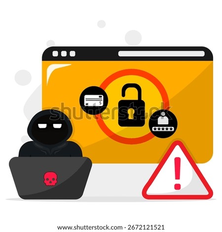 Hacker stealing data with unlocked account and payment security. Concept of password theft, credit card fraud, and cyber crime warning on computer screen.