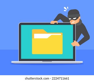 Hacker robando el icono de la carpeta de documentos dentro de la pantalla del portátil. Concepto de violación de datos, hackeo de archivos, vulnerabilidad de seguridad informática o ciberdelito. Vector plano de dibujos animados. Ilustración de amenazas tecnológicas.