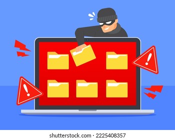 Hacker stealing document folder icon from laptop screen. System warning alert to cyber threat or cybercrime concept. Data breach or file hacking. Flat cartoon vector icon. Technology illustration.