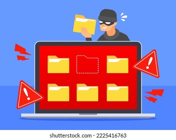 Hacker stealing document folder icon from laptop screen. System warning alert to cyber threat or cybercrime concept. Data breach or file hacking. Flat cartoon vector icon. Technology illustration.