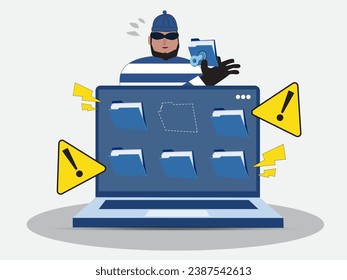 Hacker robando el icono de la carpeta de documentos de la pantalla del portátil. Alerta de alerta del sistema a la amenaza cibernética o el concepto de ciberdelito. Violación de datos o hackeo de archivos. Icono de vector de dibujos animados planos. ilustración vectorial.