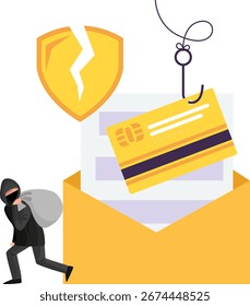 Hacker robando correo electrónico y tarjeta de crédito Ilustración de datos