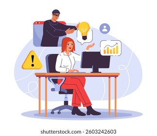 A hacker stealing an idea from a businesswoman working at her desk on a computer. Warning symbols and data growth icons highlight cybersecurity risks. Vector illustration