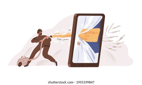 Hacker stealing information about bank card. Cyber fraud and phishing concept. Hacking of account with personal data, login and password. Colored flat vector illustration isolated on white background.