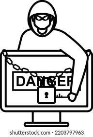 Hacker Stealing the Information from Mainframe Concept, Firewall Cracking vector line icon design, cyber-terrorism symbol, Cyberpunk Sign, security breakers stock illustration