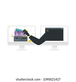 Hacker stealing money concept - hand in black clothes from one computer monitor thieves currency from another screen isolated on white background. Cartoon vector illustration of internet crime.