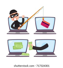 Hacker Stealing Money And Credit Card Details With Fishing Rod, Phishing Attack Concept, Cartoon Vector Illustration Isolated On White Background. Cartoon Computer Hacker, Phishing Attack