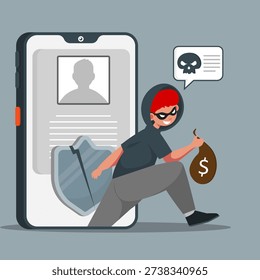 Hacker stealing money from a smartphone after security breach, showing cyber crime, data theft, online fraud, and weak mobile protection risk.