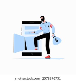 Hacker Stealing Money Through Smartphone in Flat Vector Illustration Symbolizing Cybercrime, Online Fraud, and Digital Theft, Isolated on White Background