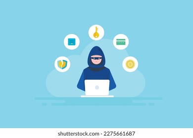 Hacker stealing online money, Security breach concept, Data breach, Hacker stealing credit card information - vector illustration banner with icons