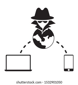 Hacker Stealing Password and Money from Computer and Mobile Design, Internet spy vector icon