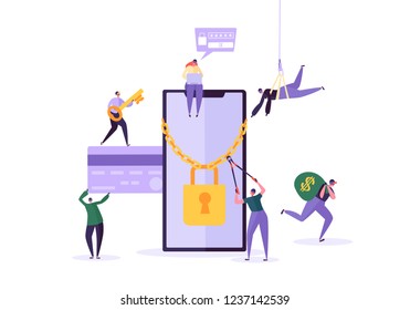 Hacker Stealing Password and Money from Smartphone. Thief Characters Hacking Mobile Phone. Fishing Attack, Financial Fraud, Web Virus Concept. Vector illustration