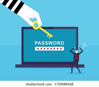 Hacker stealing a password on laptop. Flat design style vector concept  