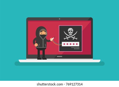 Hacker stealing a password on a laptop screen. Vector illustration